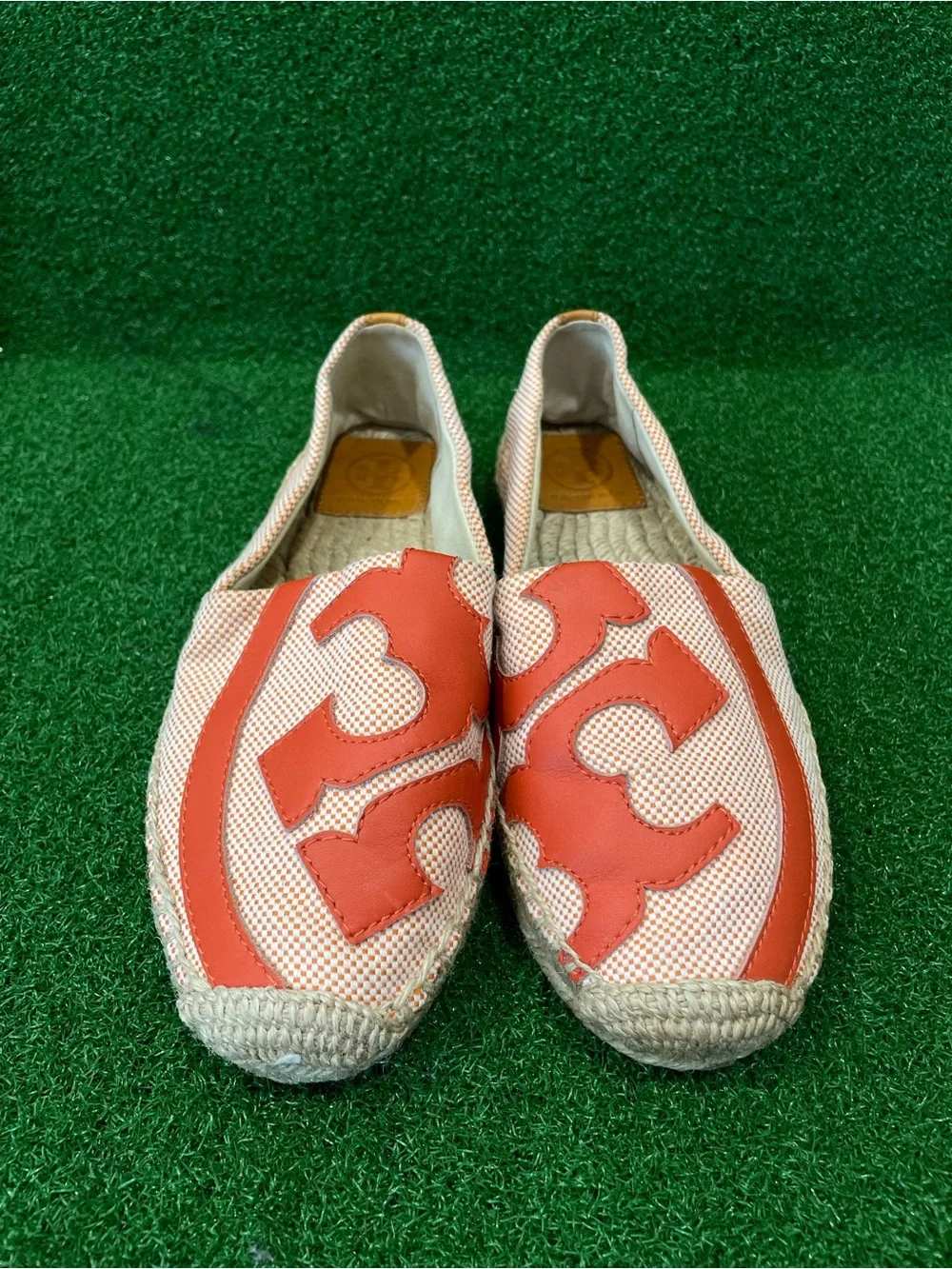 Tory Burch Lonnie Espadrilles Flats Big Logo Canvas Leather Orange Sz 7 Women’s